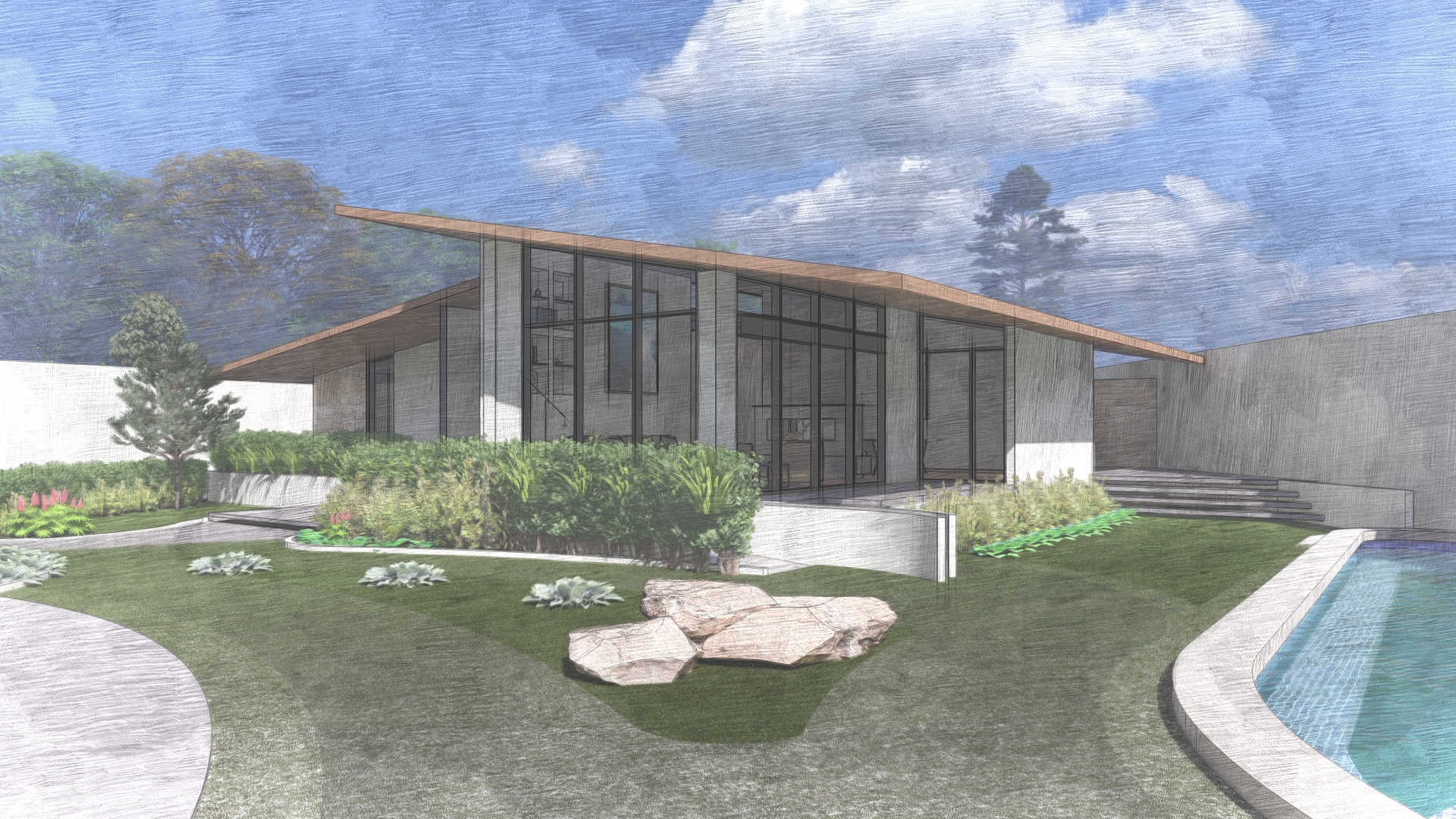 Boceto exterior con jardín