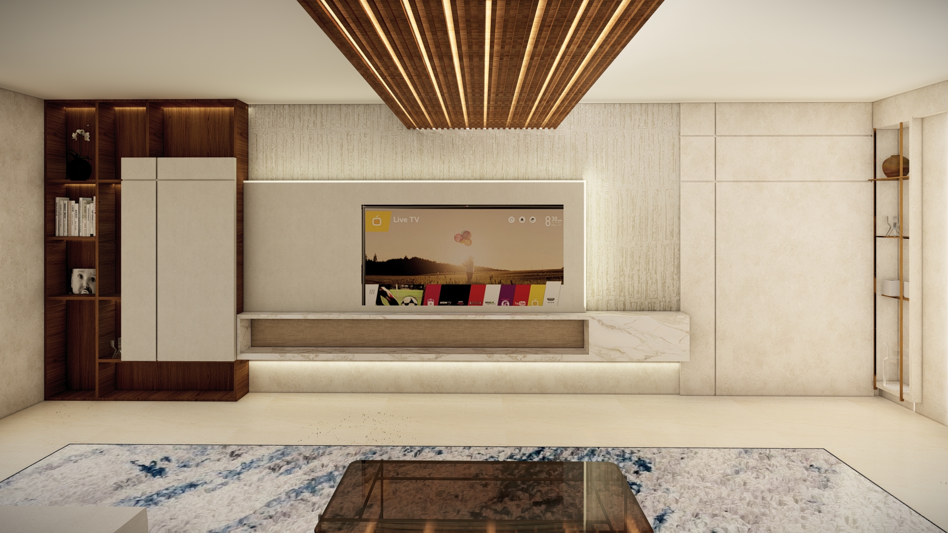 Sala principal con plafón de madera iluminado